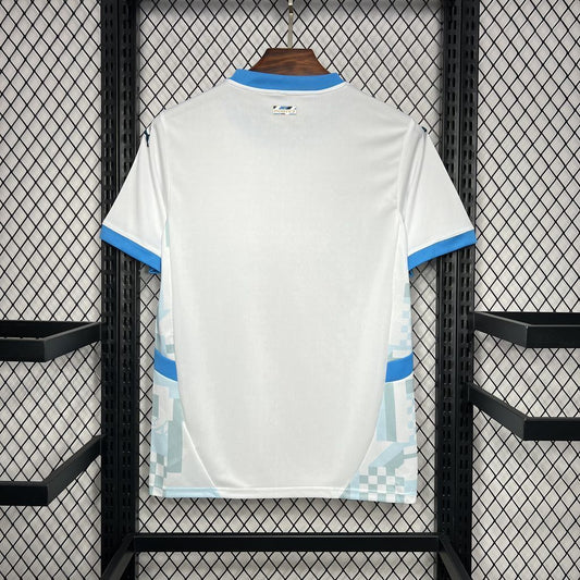 back view of the Olympique Marseille 24/25 Home White Jersey with blue accents.