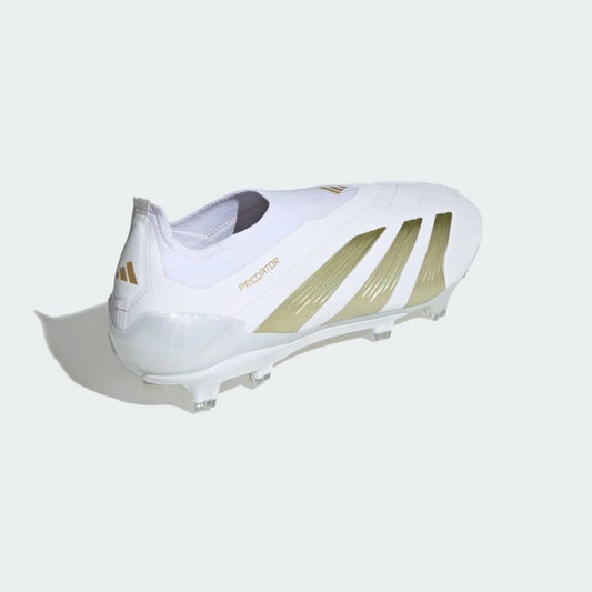 back outside view of the adidas Predator Elite Laceless FG in Footwear White / Gold Metallic (Day Spark Pack)
