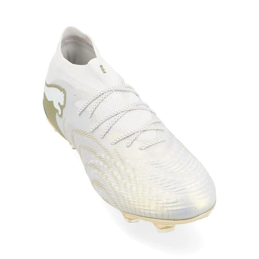 front view of the PUMA Future 9 Ultimate FG White Gold in White/Gold/Black colorway