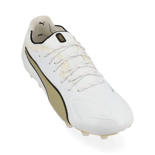 front view of the PUMA King 20 Ultimate FG/AG White Gold in White/Gold/Black colorway