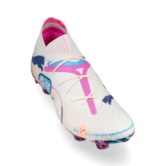 front view of the Puma Future 7 Ultimate FG "Volume Up" Pack in a White/Blue/Pink colorway