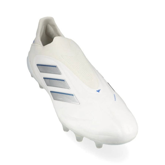 front view of the adidas Copa Pure Elite III Laceless FG "Polar Victory Pack" in a White/Silver/Blue colorway