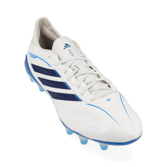 front view of the adidas Copa Pure IV Elite FG in White/Blue from the Chaos vs Control Pack