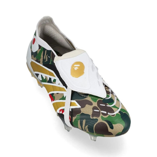 front view of the adidas Predator Elite Fold-over Tongue FG BAPE Pack in a White/Gold/Green colorway