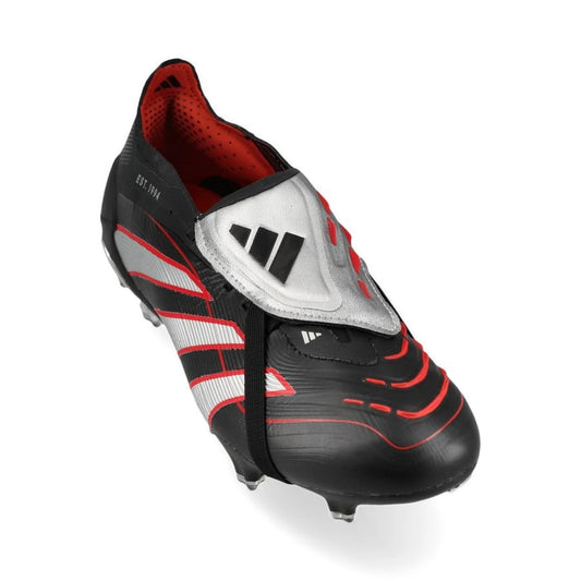 front view adidas Predator Elite Fold-over Tongue FG Obsidian Strike in Black/Silver/Red colorway
