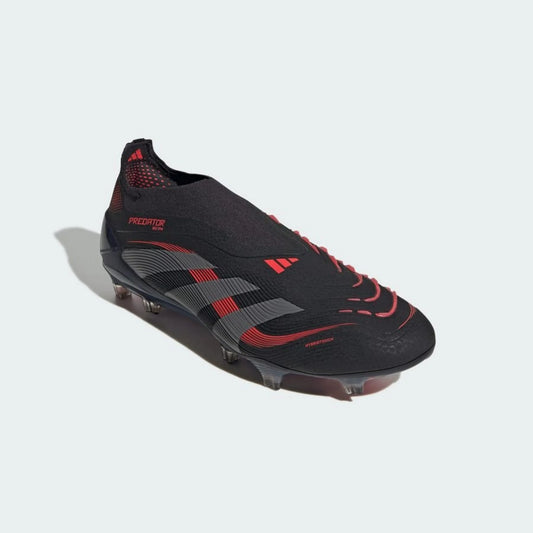 front view of the adidas Predator Elite Laceless FG "Stealth Victory" pack in a Black/Red/Grey colorway