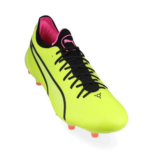 front view of the PUMA King Ultimate FG/AG Phenomenal Pack in Lime/Black/Pink colorway
