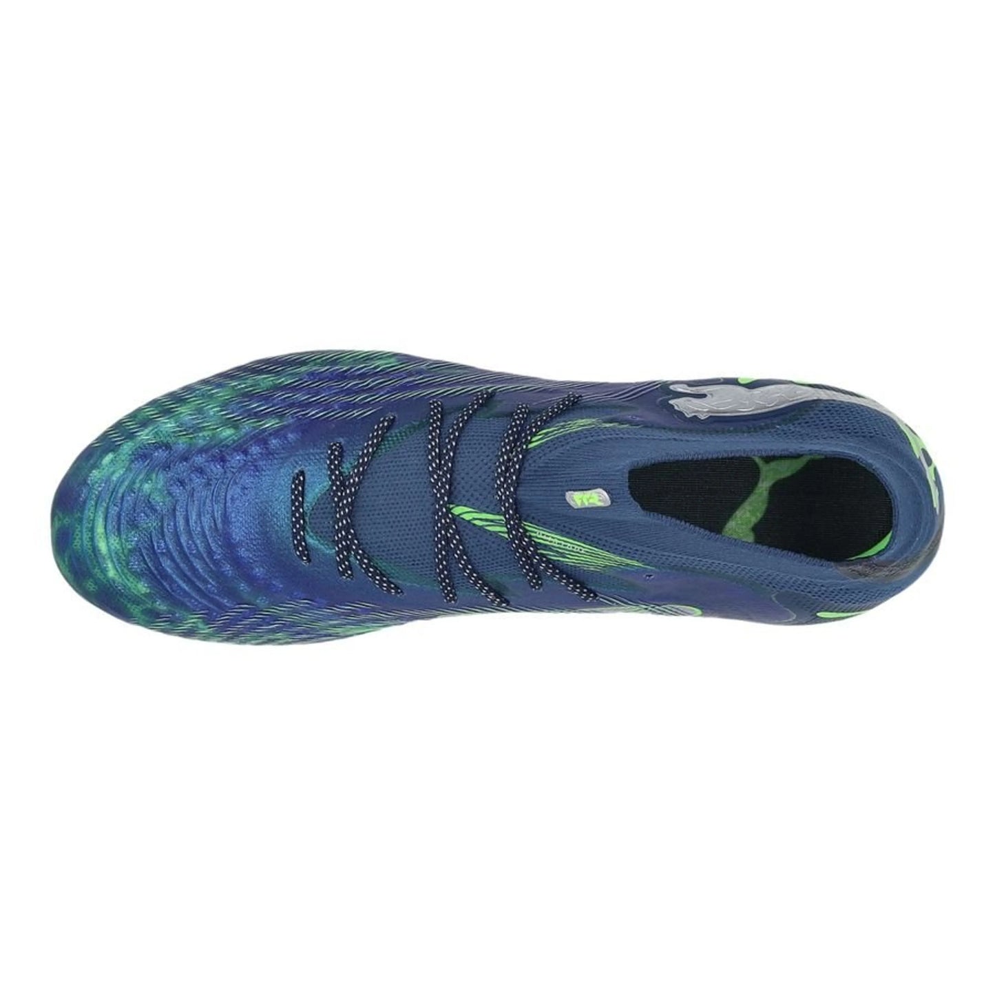 top view of the PUMA Future 9 Ultimate FG Cosmic Art in Blue/Green/Silver colorway