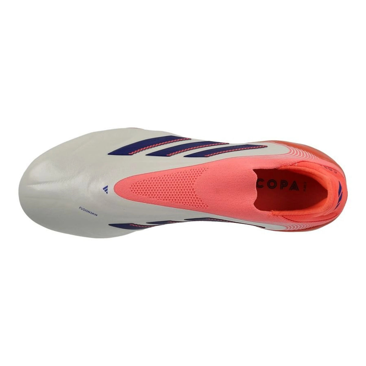 top view of the adidas Copa Pure Elite III Laceless FG in a Coral Blaze/Off White/Blue colorway