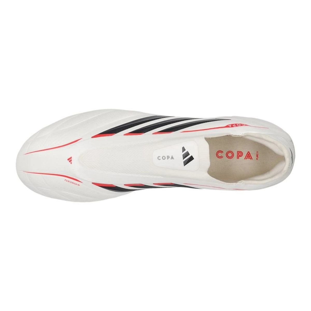 top view of the adidas Copa Pure IV Elite Laceless AG in Footwear White / Zero Metallic / Core Black / Lucid Red (Born For Goals Pack)