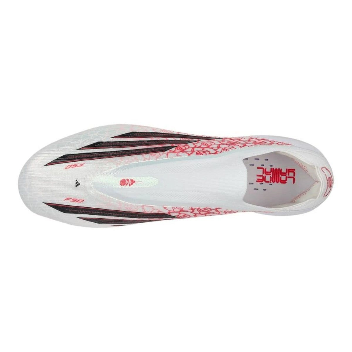 top view of the adidas F50 Elite Laceless FG Lamine Yamal in a White/Black/Red colorway