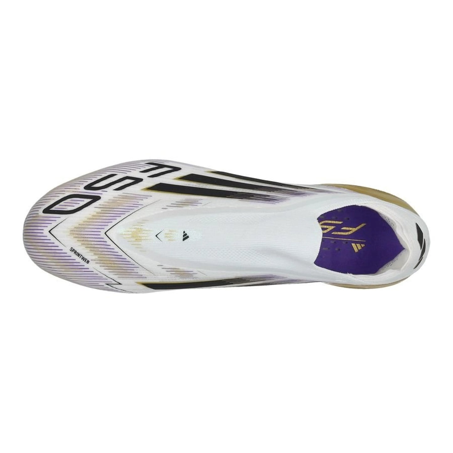 top view of the adidas F50 Elite Laceless FG "Road to Glory" Pack in a White/Black/Gold colorway