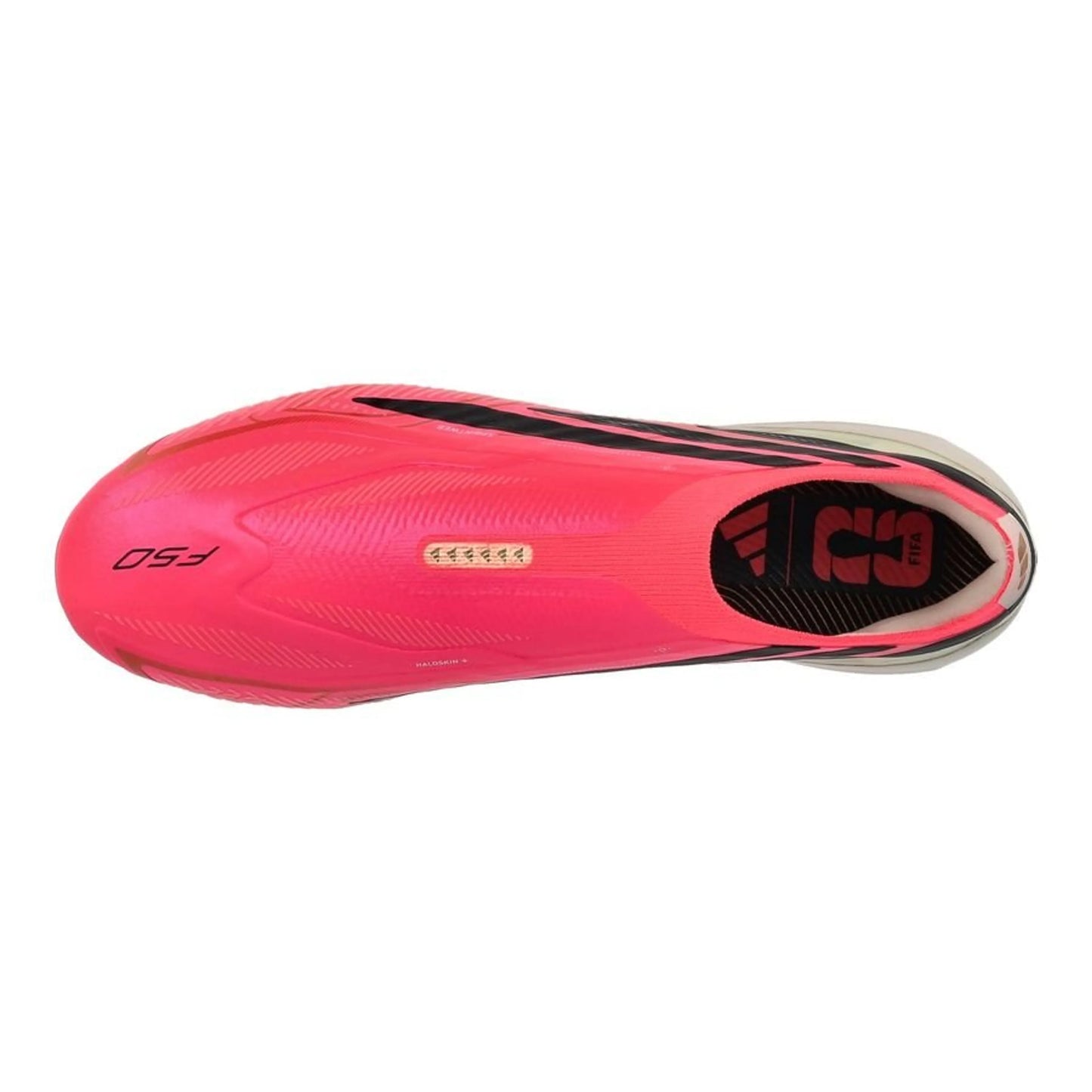 top view of the adidas F50 Hyperfast Elite Laceless FG in Solar Turbo / Core Black / Gold Metallic (Road to Glory Pack)