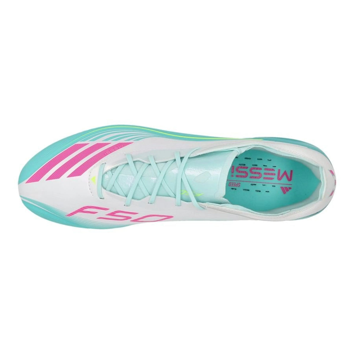 top view of the adidas F50 Messi Elite FG Aurora Radiante in a White/Pink/Aqua colorway