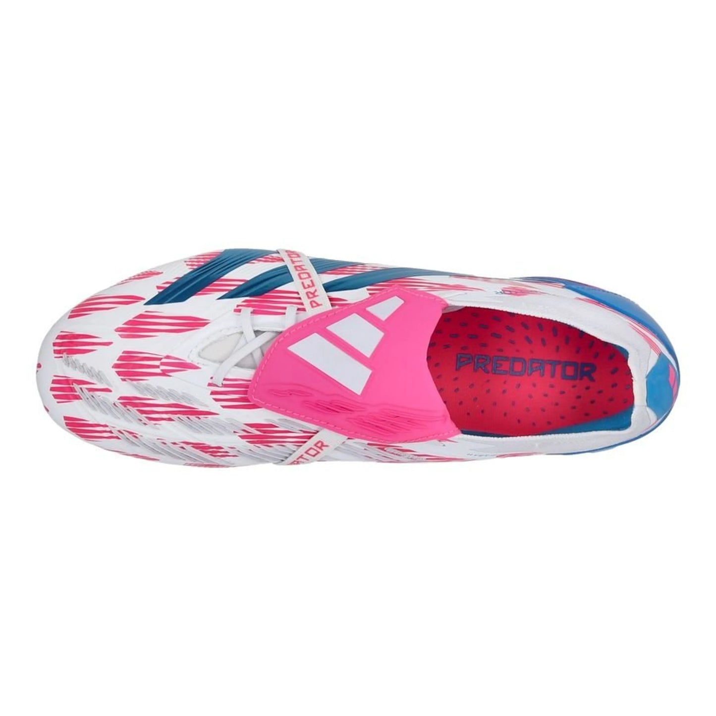 top view of the adidas Predator Elite Fold-over Tongue FG "Reemergence" Pack in a White/Pink/Blue colorway