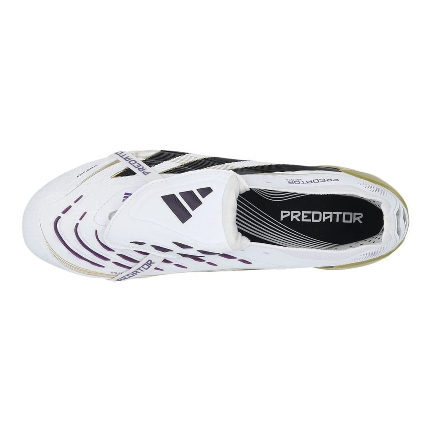 top view of the adidas Predator Elite Fold-over Tongue FG "Road to Glory" Pack in a White/Black/Gold colorway