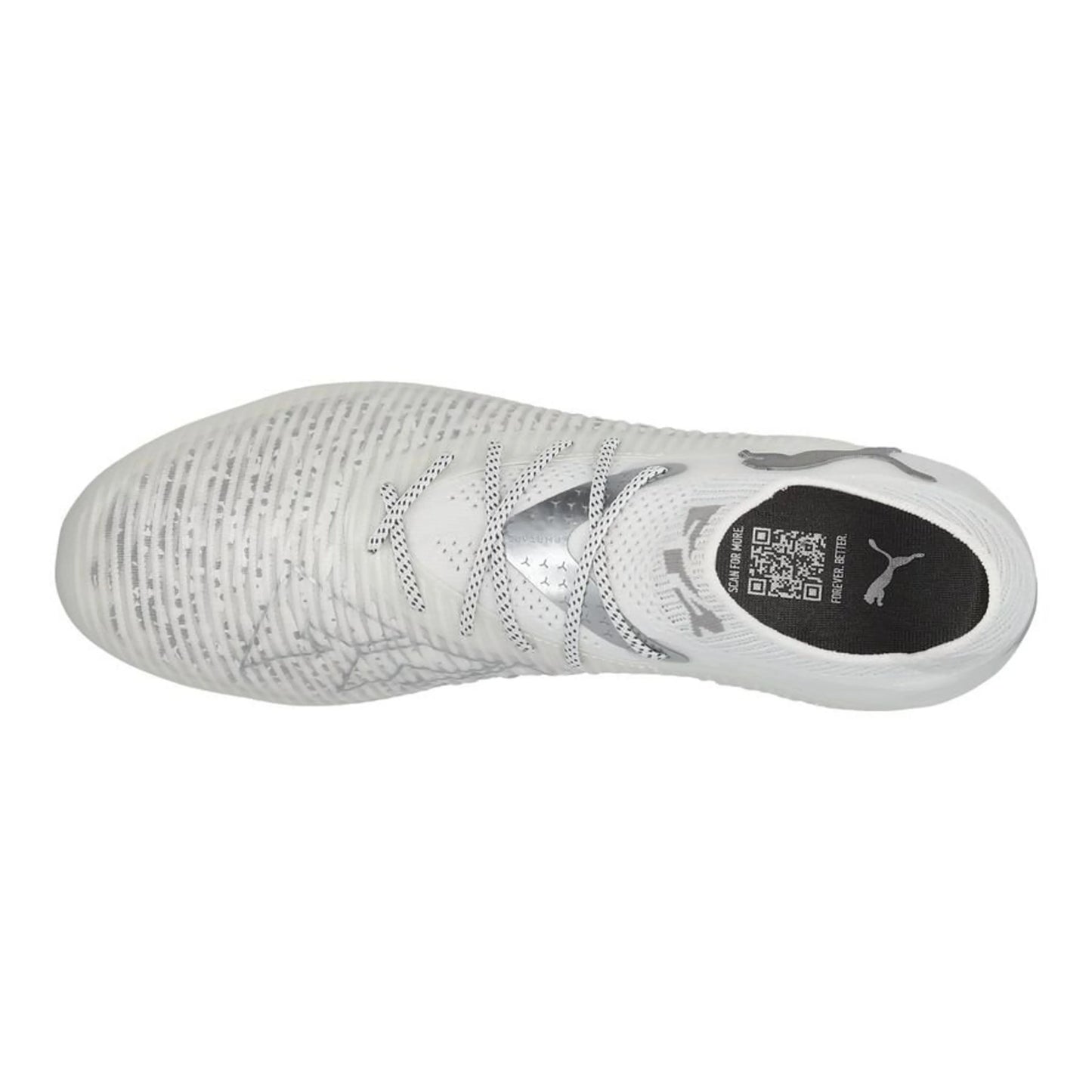 top view of the PUMA Future 8 Ultimate FG White Pack in White/Silver colorway