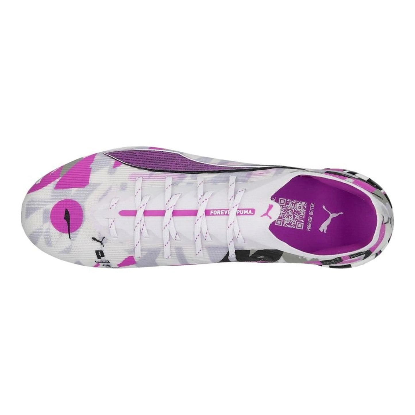 top view of the PUMA Ultra 5 Ultimate FG Forever Pack in White/Purple/Grey/Black colorway