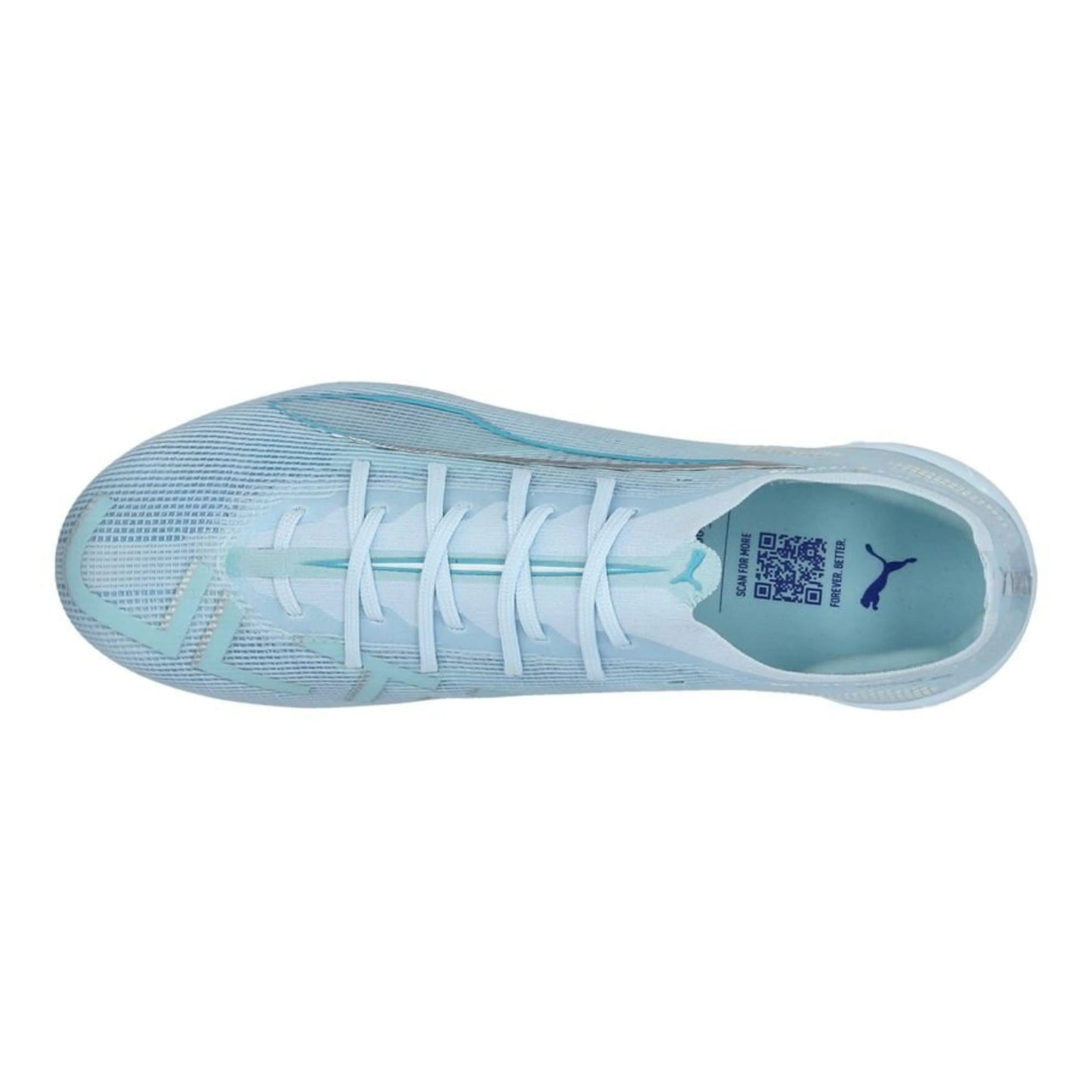top view of the PUMA Ultra 5 Ultimate FG Light Up Pack in Blue/White/Aqua colorway