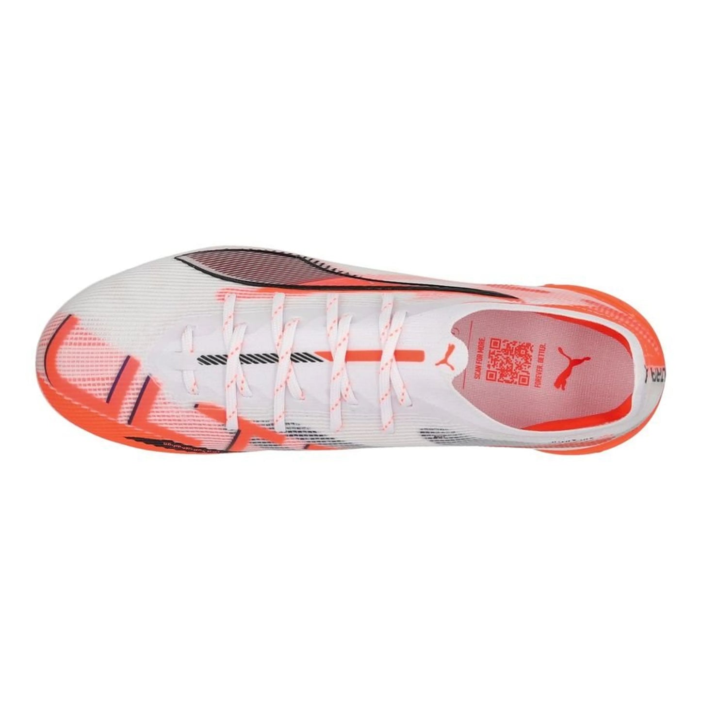 top view of the PUMA Ultra 5 Ultimate FG Unlimited Pack in White/Black/Red colorway