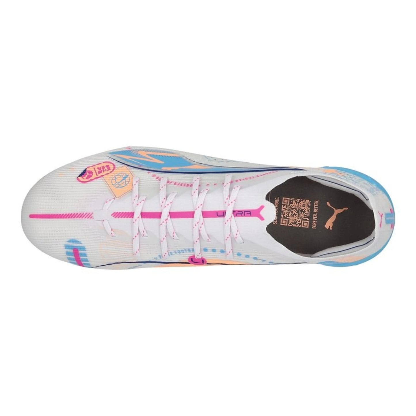 top view of the PUMA Ultra 5 Ultimate FG Volume Up Pack in White/Blue/Pink/Orange colorway