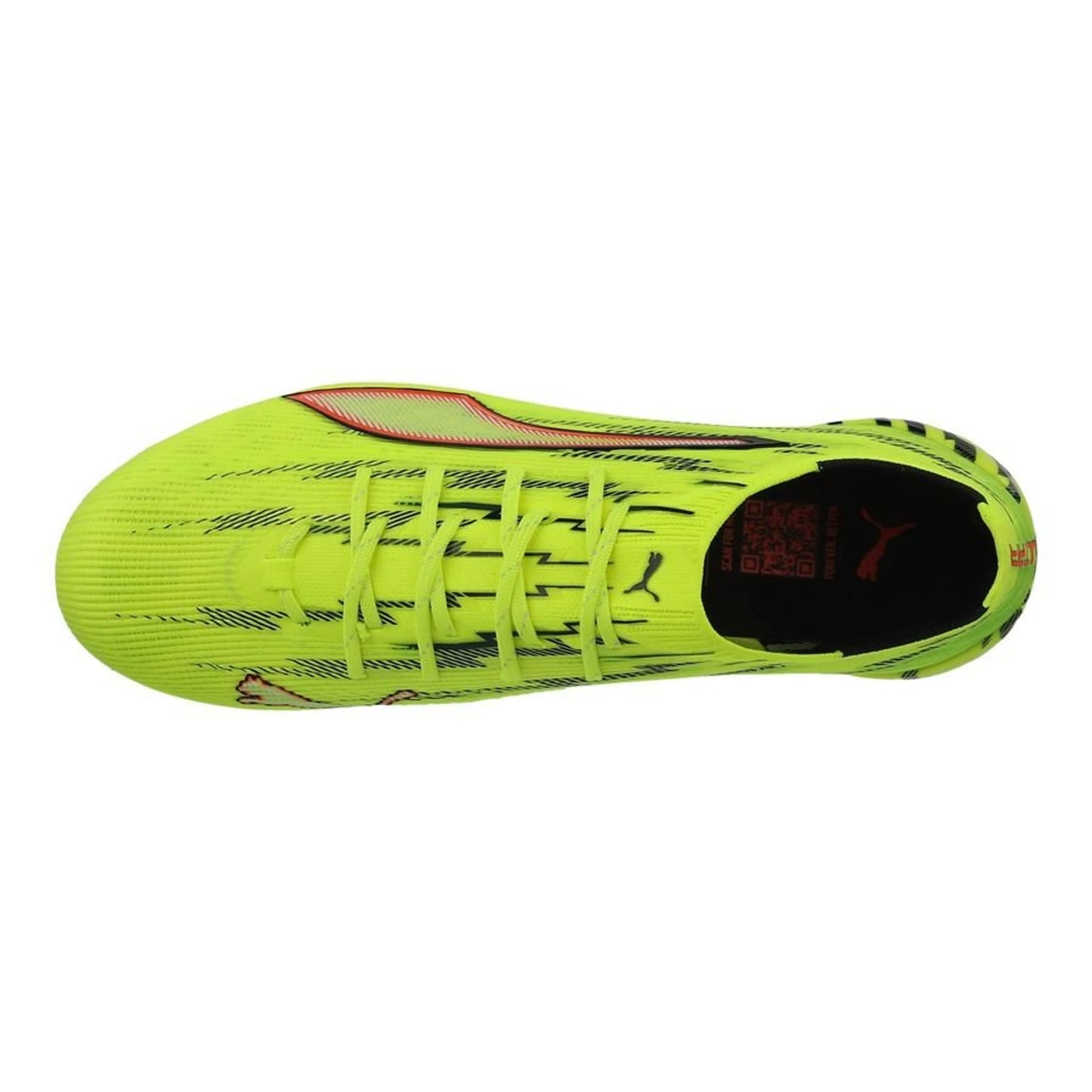 top view of the PUMA Ultra 6 Ultimate FG Unleashed in Yellow/Black/Red/Lime colorway