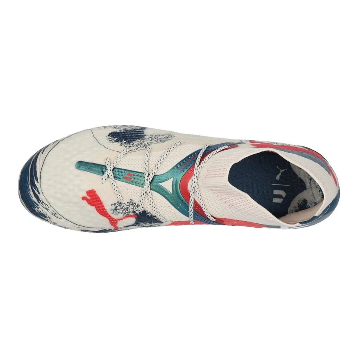 top view of the PUMA X Unisport Future 7 Ultimate FG/AG Great Wave in Almond/Red/Ocean colorway