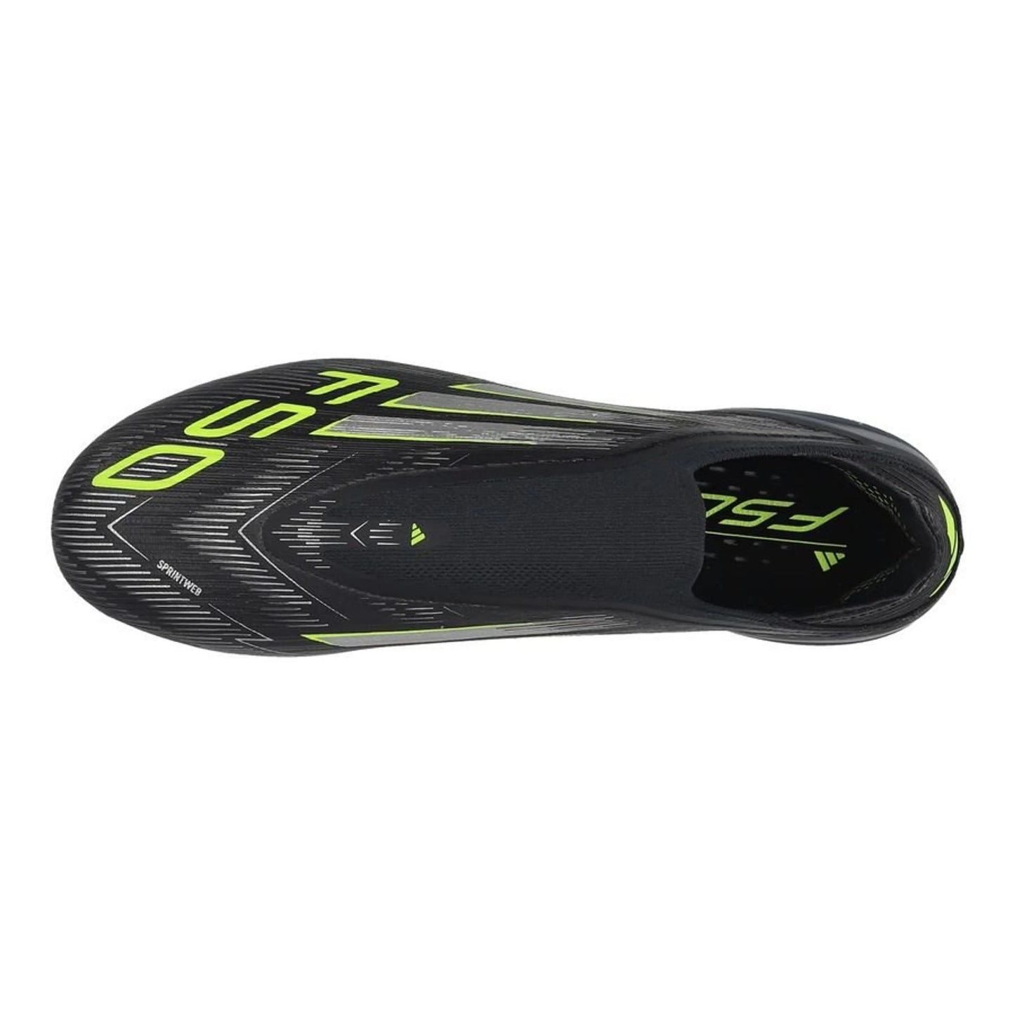 top view of the adidas F50 Elite FG Laceless Electric Stealth pack in Black/Lemon colorway
