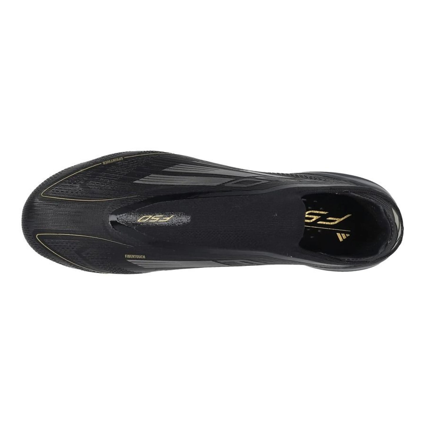 top view of the adidas F50 Elite Laceless FG Dark Spark pack in Black/Metal colorway