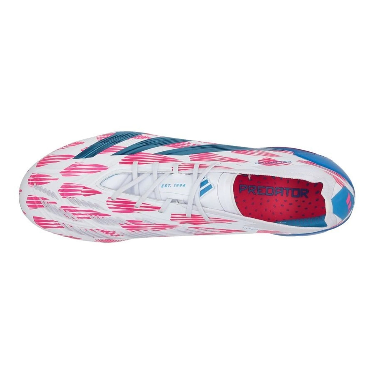 top view of the adidas Predator Elite FG "Reemergence" pack in White/Blue/Pink colorway