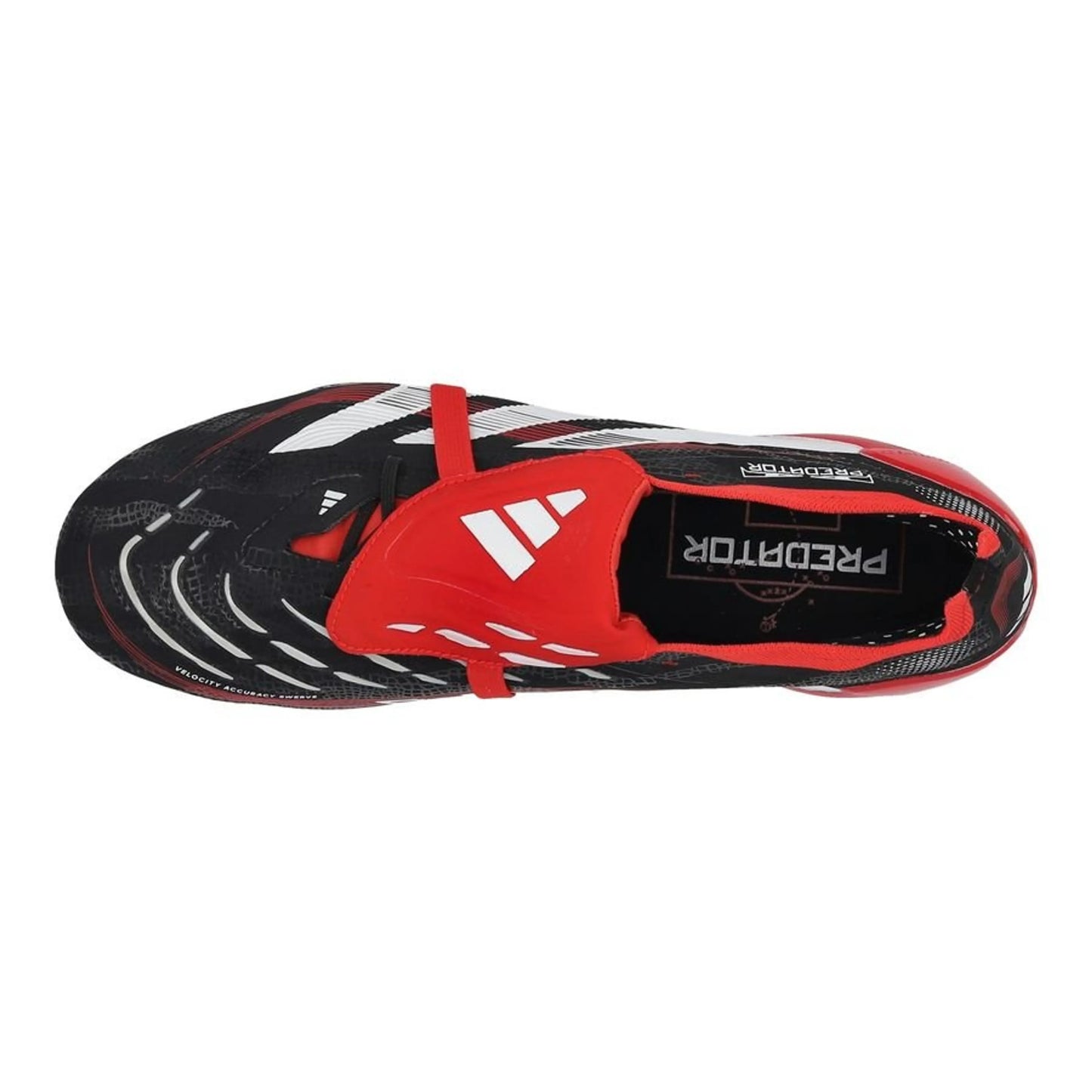 top view of the adidas Predator Elite Fold-over Tongue FG "Moments" pack in Black/White/Red colorway