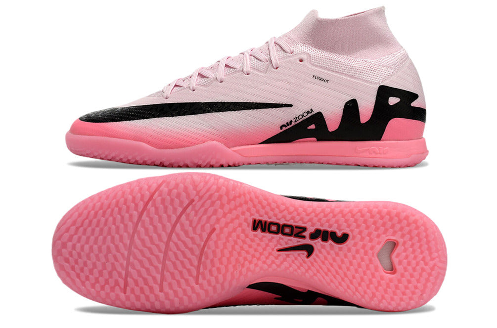 Nike air zoom mercurial superfly 9 elite, pink/black, available in FG, turf, futsal, and metal-SG.