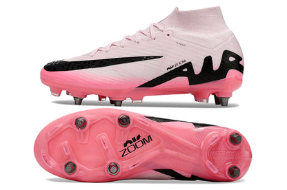 Nike air zoom mercurial superfly 9 elite, pink/black, available in FG, turf, futsal, and metal-SG.
