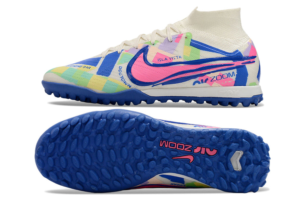 Nike air zoom mercurial superfly 9 elite, white/colorful, available in FG, turf, futsal, and metal-SG.