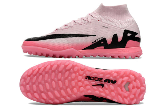 Nike air zoom mercurial superfly 9 elite, pink/black, available in FG, turf, futsal, and metal-SG.