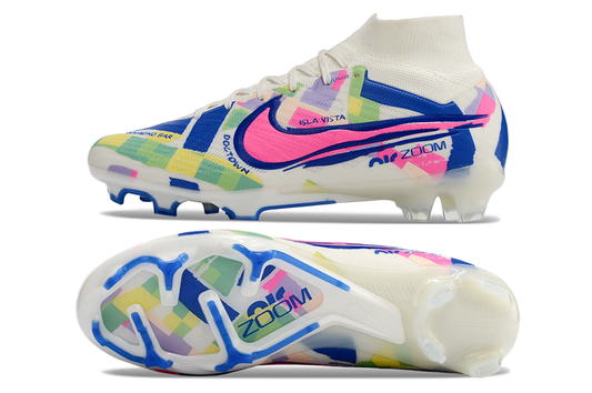 Nike air zoom mercurial superfly 9 elite, white/colorful, available in FG, turf, futsal, and metal-SG.