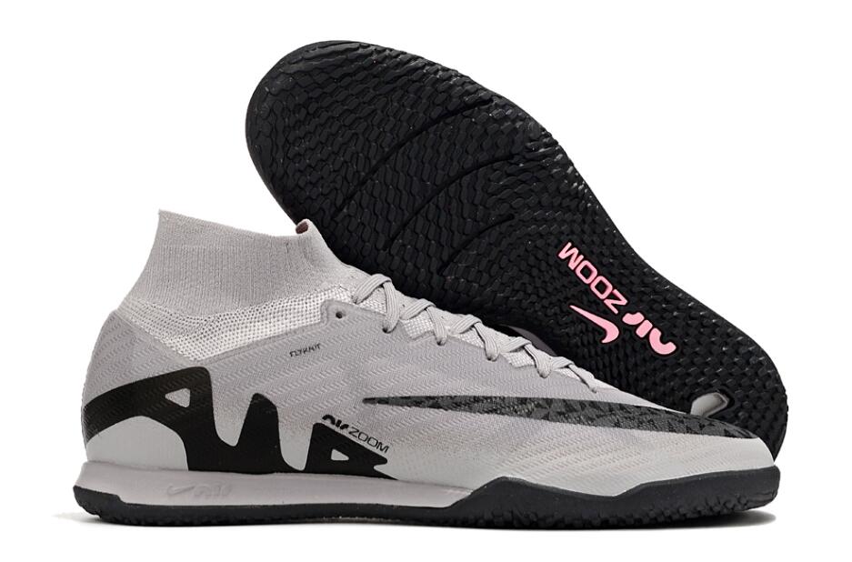 Nike air zoom mercurial superfly 9 elite, grey/black, available in FG, turf, and futsal.