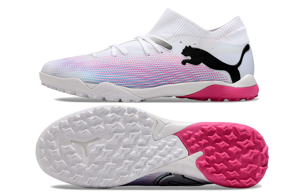 Puma future ultimate 7, white/pink, available in FG and turf.