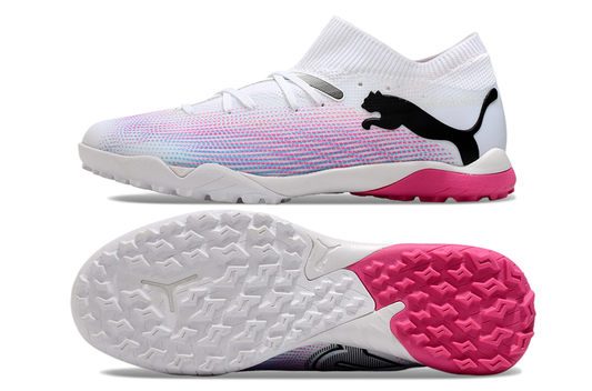 Puma future ultimate 7, white/pink, available in FG and turf.