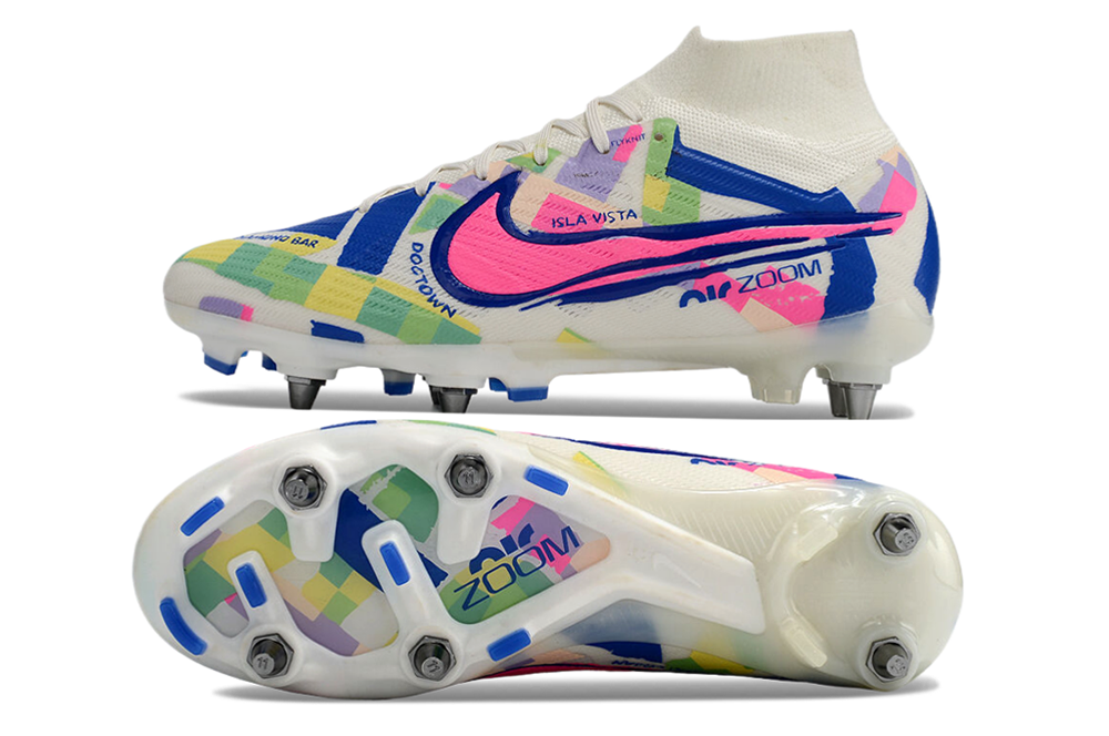 Nike air zoom mercurial superfly 9 elite, white/colorful, available in FG, turf, futsal, and metal-SG.
