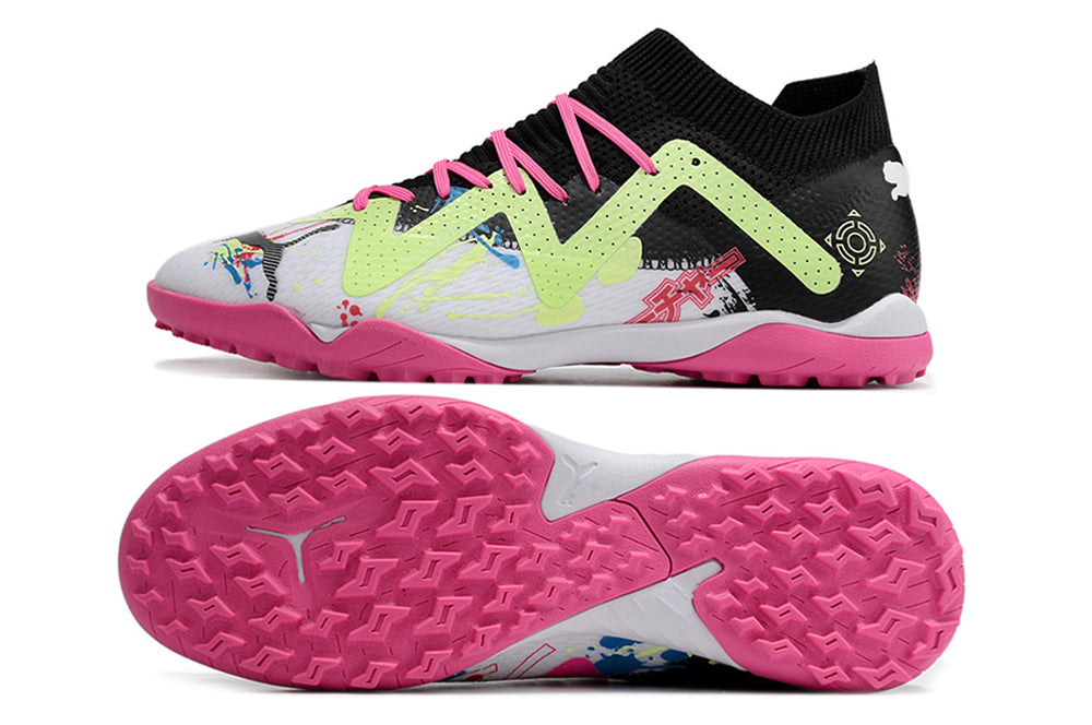 Puma future ultimate, white/pink/black, available in FG and turf.