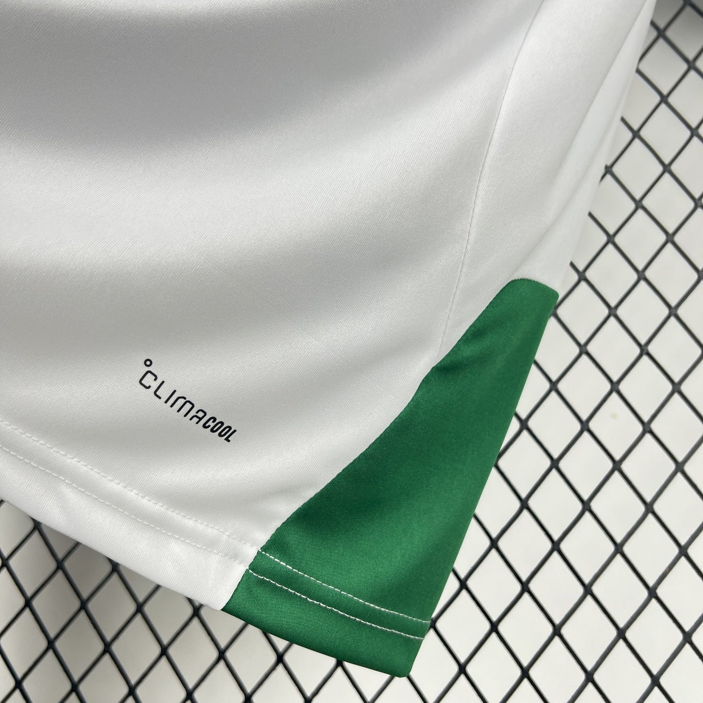 Close-up of Adidas Italy 2026 World Cup Pro Training White Jersey with green and white colors and 'Climacool' branding.