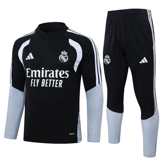 Adidas Real Madrid 2026/27 Full Black Quarter-Zip Soccer Tracksuit - AEROREADY Training Set