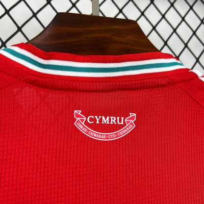 Adidas Wales 2026 World Cup Home Jersey with 'Cymru' logo on a hanger against a checkered background