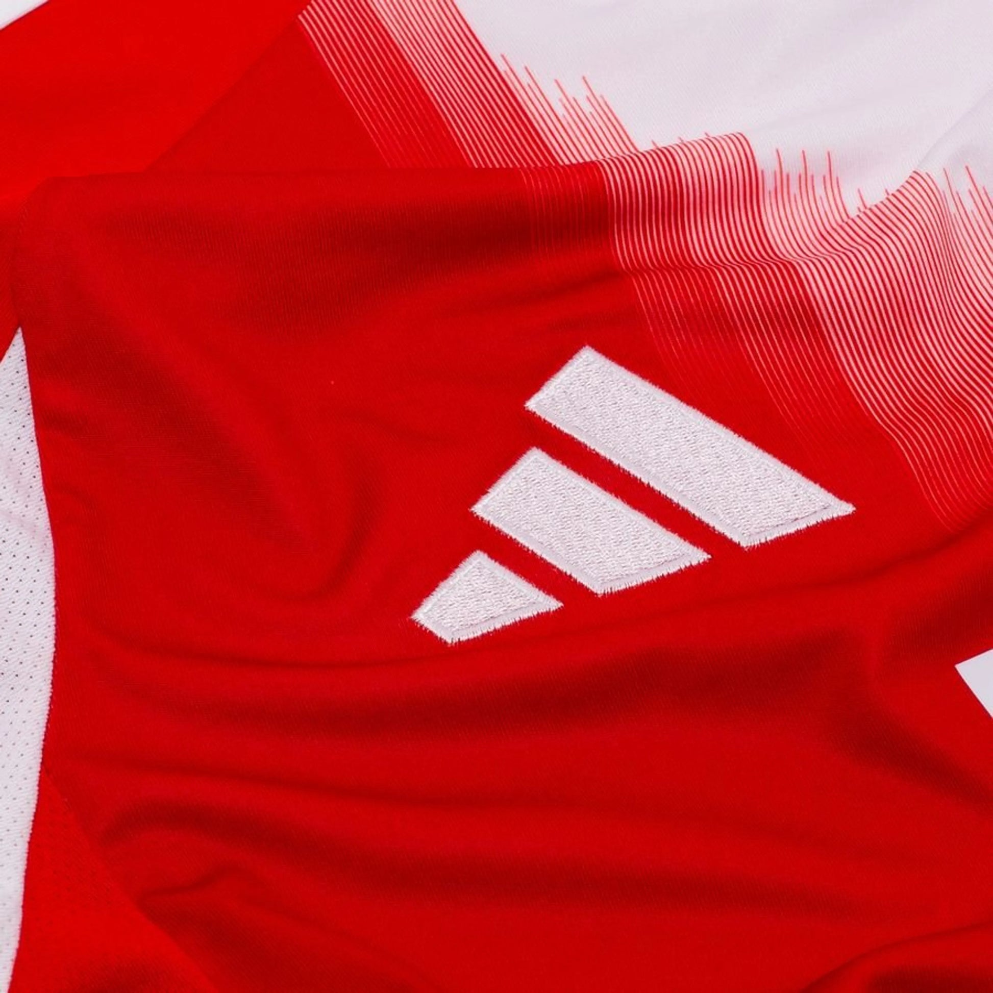 Adidas logo view on the Bayern Munchen 2025/26 Home Red & White Jersey
