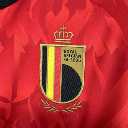 Close view of Belgiums logo on their 2026 Home World Cup Red Jersey.