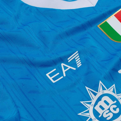 EA7 logo view on the SSC Napoli 2025/26 Home Blue Jersey