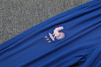 Close-up of the blue pants with pink accents and team crest.