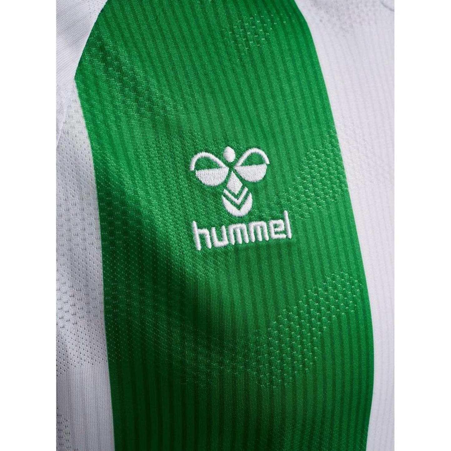 Hummel logo view on the Real Betis 2025/26 Home Green and White Shirt