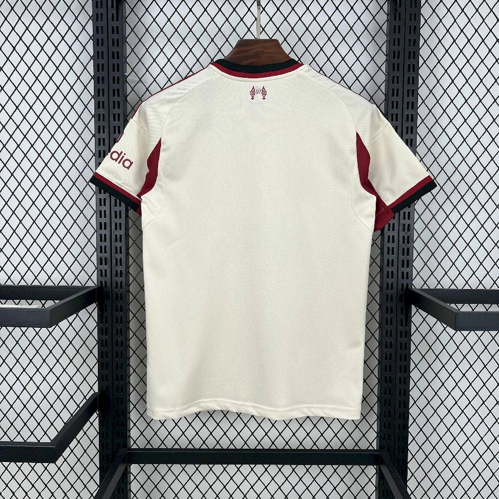 Back view of the Liverpool 25/26 Away Jersey in beige and red accents